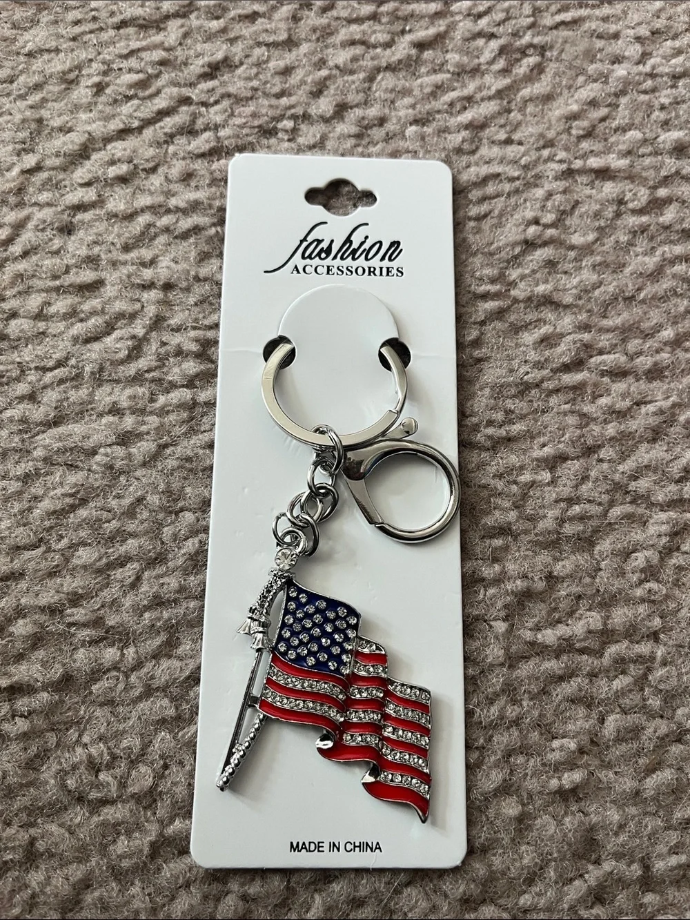 Rhinestone American Flag Keychain - Silver, Red, Blue